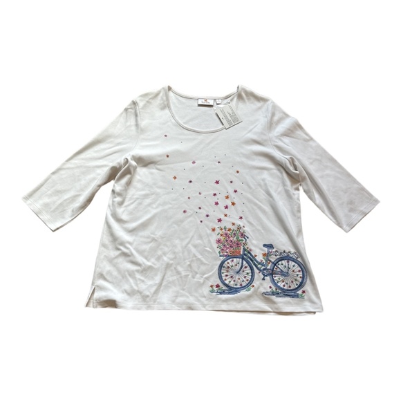 Quacker Factory 3/4 Sleeve Embellished Flower and Bicycle White Tee XL NWOT - Picture 1 of 8